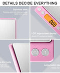 Close-up of pink 0.01g high precision kitchen scale with 500g capacity, LCD display and buttons, stainless steel surface.