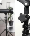 5 Pack 5/16-18 Inch Knobs With 1-Inch Threaded Studs installed on a lighting stand in a studio setting, close-up view