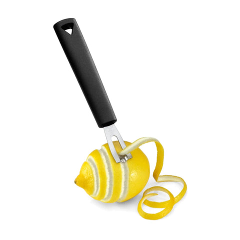 Triangular Channel Knife With A V Shaped Stainless Steel Blade For Garnishing Fruits And Veggies, peeling a lemon.