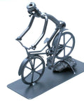 Handmade Metal Nut And Bolt Figurines For Desk Bicycle Ornament featuring a bike statue on a base, made from metal parts, ideal for home decor.