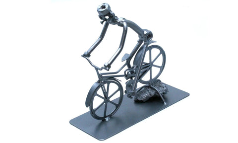 Handmade Metal Nut And Bolt Figurines For Desk Bicycle Ornament featuring a bike statue on a base, made from metal parts, ideal for home decor.