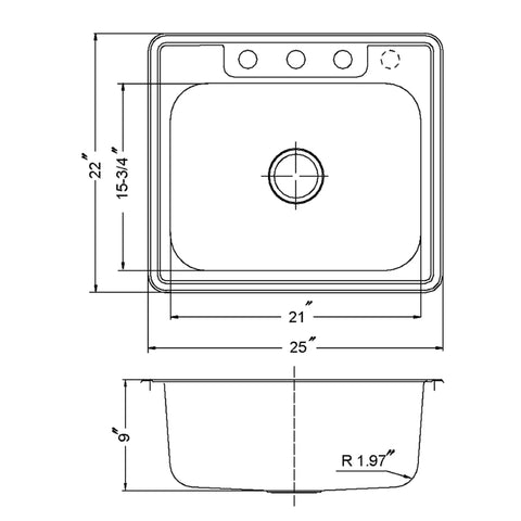 Technical drawing of Stainless Steel Kitchen Sink 25 Inch Drop-In Topmount 4-Hole Single Bowl With Strainer Durable Pro Grade