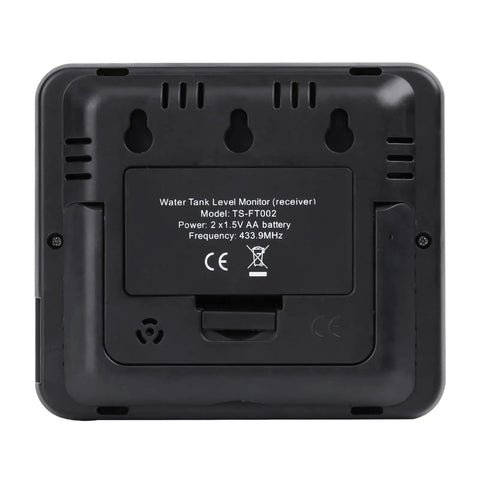 Back view of the Ultrasonic Water Level Sensor with 3.3 inch LCD Display, showing battery compartment and specifications.