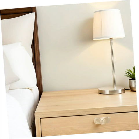 Old School Zinc Alloy Cabinet Handles With Backplates In Golden Finish on bedroom furniture drawer next to a lamp