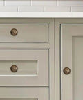 Heavy Duty Antique Brass Cabinet Knobs With Vintage Backplate Two Pack on kitchen drawers, showcasing 35 mm round design.