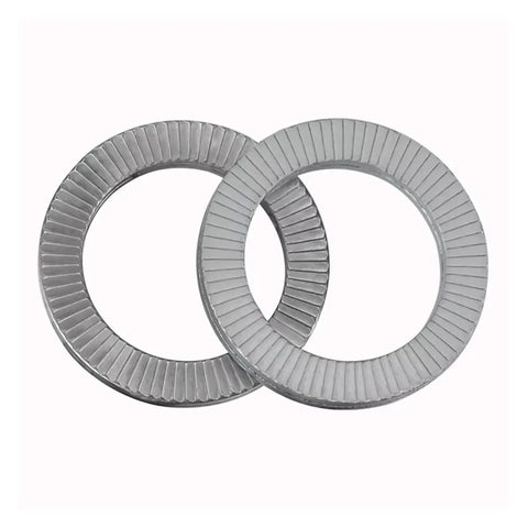 Double Deck Wedge Lock Washers Pack Of Twenty 304 Stainless Steel Self Locking Hardware Heavy Duty Vibration Proof Fasteners For Nuts And Bolts M6 Through M12 Built Tough Dead Tight No Slip showing two washers with serrated edges.