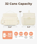 Insulated Puffer Cooler Bag Holds Thirty Two Cans Soft Side Duffel Tote With Double Deck Setup Built For Weekend Warrior Chill Sessions Tailgate Stashes And Day Trip Essentials Beige, showcasing dimensions and features.