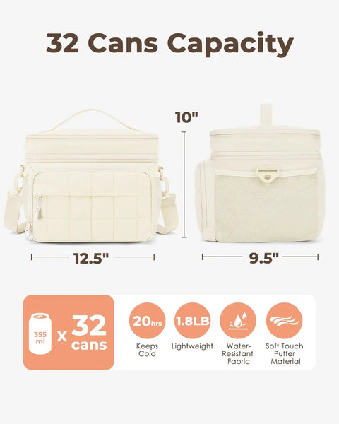 Insulated Puffer Cooler Bag Holds Thirty Two Cans Soft Side Duffel Tote With Double Deck Setup Built For Weekend Warrior Chill Sessions Tailgate Stashes And Day Trip Essentials Beige, showcasing dimensions and features.