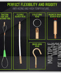 Various heads of the 33 Inch Fiberglass Electrical Fish Tape Kit with Glow Rods, including brass and magnetic connectors.