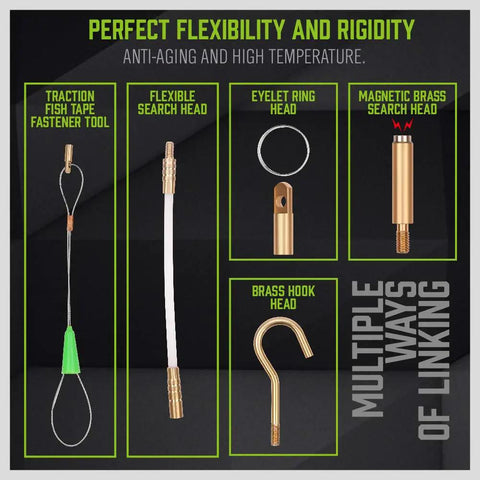 Various heads of the 33 Inch Fiberglass Electrical Fish Tape Kit with Glow Rods, including brass and magnetic connectors.