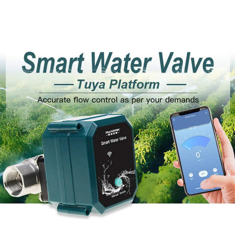 Smart Water Valve For Hose DN25 WiFi Remote Faucet Timer with smartphone app interface in garden setting