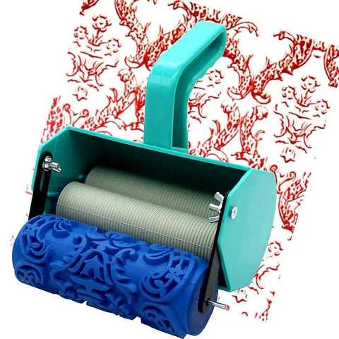 The OG Decorative Texture Paint Roller With Interchangeable Pattern Design Imprint Brush for ceilings with a blue textured roller.