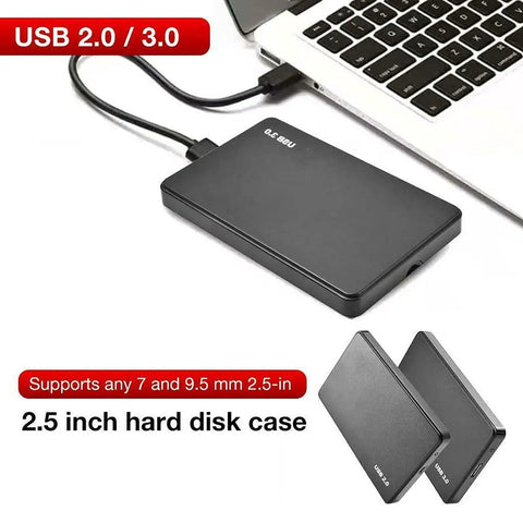 No Fuss 2.5 Inch SATA External Hard Drive Enclosure And Portable Docking Station With USB 3.0 Port For Laptops And SSD Drives, black hard disk case connected to a laptop.