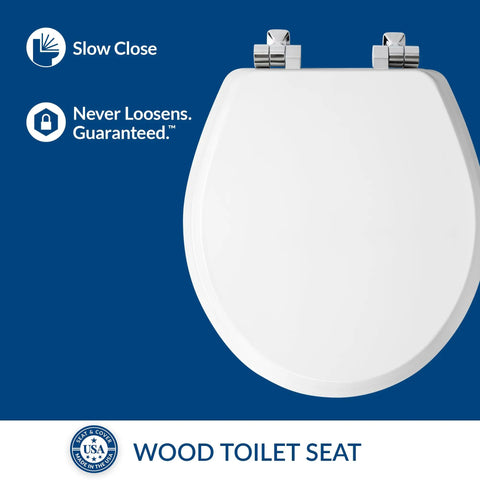 Soft Close Toilet Seat With Chrome Hinges And Wood Seat, Secure Metal Mount, Easy Install, Round White, Made In USA, Durable, Quiet Operation For Everyday Bathroom Comfort