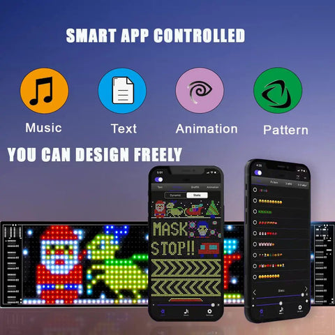 Bluetooth LED Matrix Panel With App Control And USB 5V Power Flexible LED Screen interface on smartphone showing custom animations