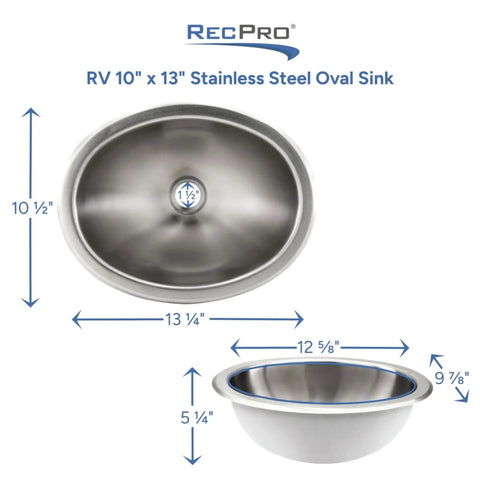 Stainless Steel RV Oval Sink With Single Bowl 10x13 Inch, 1.5 Inch Drain, top and side views, no faucet included, rust resistant