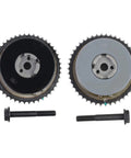 Pair variable timing cam sprockets with bolts; black and gray metal, for GM engines.