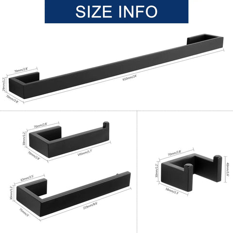 Dope 4-Piece Brushed Nickel Bathroom Hardware Set With 24-Inch Towel Bar Hand Towel Holder Toilet Paper Holder And Robe Hook Wall Mounted Premium 304 Stainless Steel Rust Resistant Modern Square Base Design dimensions diagram