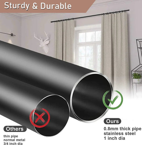 Comparison of thin curtain rod and Extra Long Curtain Rod 120 To 170 Inches, 1 Inch Heavy Duty Blackout Drapery Rod For Sliding Glass Doors.