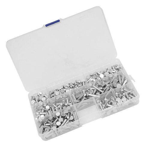 Rivet Hammer And Aluminum Flat Rivets Kit, 350 Piece Assortment shown in an organized storage box, rustproof aluminum fasteners.
