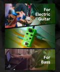 Mini Modulation Pedal With 11 Classic Effects Chorus Flanger Tremolo Phaser Vibrato Rotary Liquid Auto Wah Stutter Ring Low Bit Durable Metal Shell Tiny But Mighty Portable For Stage And Studio Use Pedalboard Friendly on green background for guitar and bass