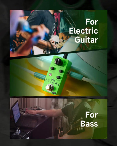 Mini Modulation Pedal With 11 Classic Effects Chorus Flanger Tremolo Phaser Vibrato Rotary Liquid Auto Wah Stutter Ring Low Bit Durable Metal Shell Tiny But Mighty Portable For Stage And Studio Use Pedalboard Friendly on green background for guitar and bass