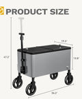 Side view of 80 Quart Outdoor Rolling Ice Chest Wagon Cooler Cart With XL Wheels For Beach Patio And Parties Long Handle Beverage Cooler On Wheels For Easy Transport showing dimensions.