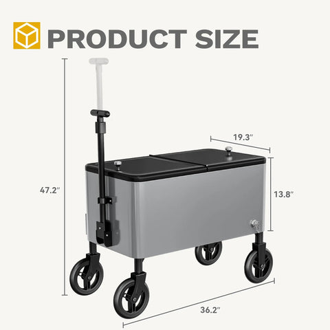 Side view of 80 Quart Outdoor Rolling Ice Chest Wagon Cooler Cart With XL Wheels For Beach Patio And Parties Long Handle Beverage Cooler On Wheels For Easy Transport showing dimensions.