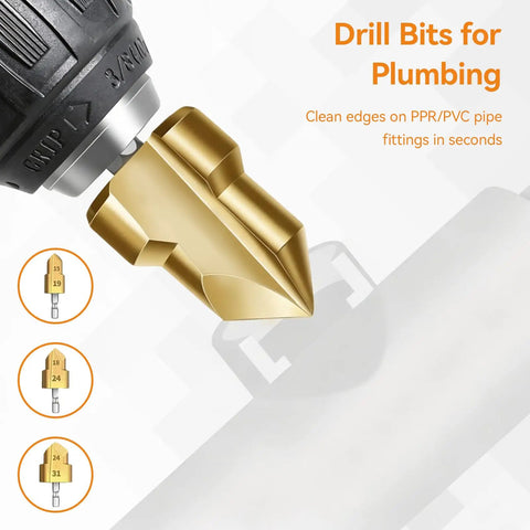 Professional PPR Pipe Threading And Reaming Tool Kit Compatible With Electric Drill For 1/2 3/4 And 1 Inch PVC Plumbing Pipe showing drill bits for precise plumbing.