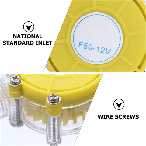 Close-up of 12V Water Flow Generator Micro Hydro Turbine Voltage Regulator showing yellow inlet and wire screws detail.