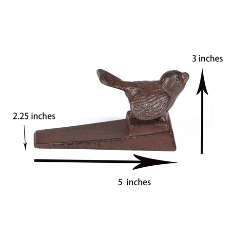 Vintage Cast Iron Bird Door Stopper Set Heavy Duty Metal Door Stop With Handle No Drilling Required side view with dimensions.