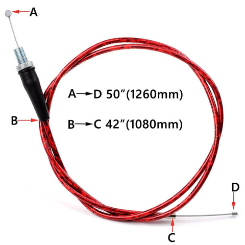 Red twist throttle cable part of Seven Eighths Inch 22mm Twist Throttle Cable Kit for Pit Dirt Bikes and ATVs, shown in coil format