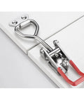 Close-up of toggle clamp from Ten Piece Quick Release Toggle Clamp Set With Adjustable Anti Slip Push Pull Latch For Heavy Duty Hold Down Secure Workholding Up To 500 Lbs Protects Circuit Boards Wood Pieces Jigs And Templates In High Pressure Machining, attached to a white surface