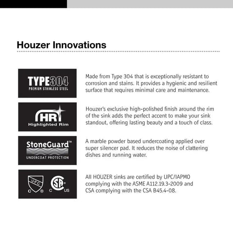 Houzer stainless steel sink innovations featuring T304 corrosion resistance, high-polished rim, StoneGuard protection, and certifications.