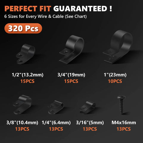 320 Piece Black Cable Clips Set, Six Size Assortment, PA66 Nylon, showcasing different diameter sizes with included screws.