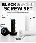 Nylon Cross Recessed Screws, Hella Solid Plastic Fasteners For Tech Repairs, Black And White Options, two color screw set with cross drive design.