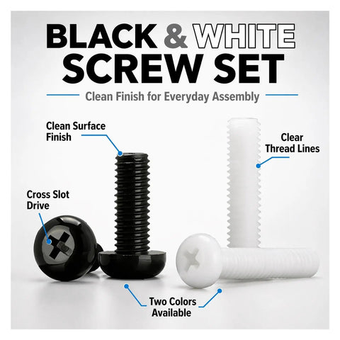 Nylon Cross Recessed Screws, Hella Solid Plastic Fasteners For Tech Repairs, Black And White Options, two color screw set with cross drive design.
