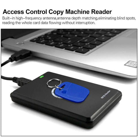 Dual Frequency Access Card Copier And RFID Writer Reader 125KHz 13.56MHz With NFC Tag Replicator next to a laptop, black color
