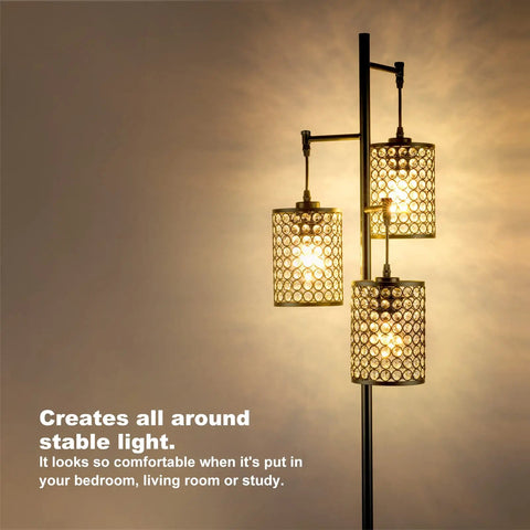 Dope Modern 3 Light Tree Floor Lamp With Crystal Birdcage Shades, Black Pole, Easy On Off Switch, lighting up a room