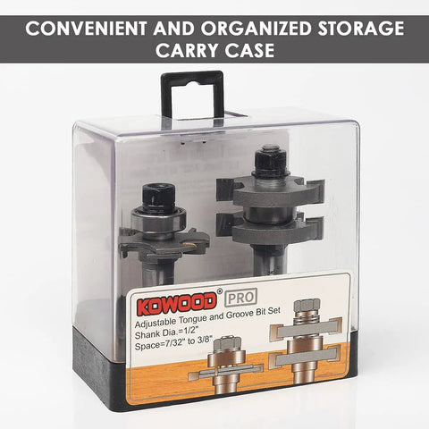 Adjustable Tongue And Groove Router Bit Set With One Half Inch Shank in storage case for oak floors and joinery