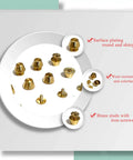 Hella Durable Gold Brass Rivet Studs For Handbags And Purses Heavy Duty Screw Back Feet shown in various angles and sizes on white background.