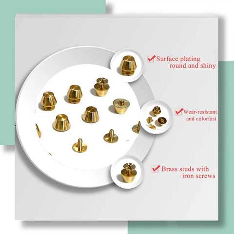 Hella Durable Gold Brass Rivet Studs For Handbags And Purses Heavy Duty Screw Back Feet shown in various angles and sizes on white background.
