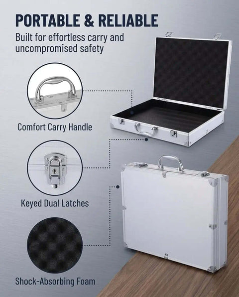 Hella Durable Aluminum Workhorse Case With Shock Absorbing Foam Base And Reinforced Corners For Everyday Grind Heavy Duty Tool Carry And Safe Storage In Silver, featuring exterior view and comfort carry handle.