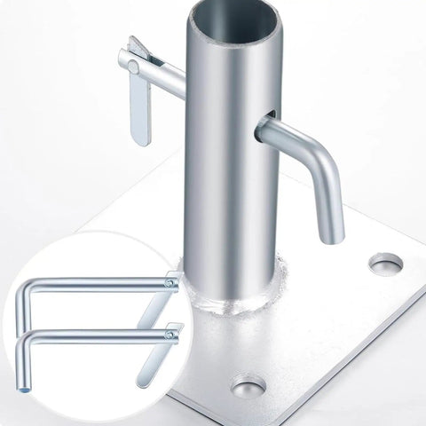 10 Pack Scaffolding Toggle Pins Built Tough, Galvanized Stainless Steel Locking Pins With Gravity Flip Latch, 3.74 Inch Length For Joint Coupling Tubes, Silver inserted through scaffold tube