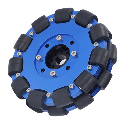 5-inch omni wheel for robots, aluminum hub, blue metal roller