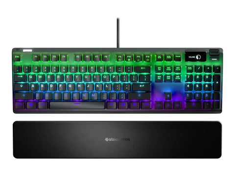Top Shelf Mechanical Gaming Keyboard Featuring Heavy Duty Aluminum Chassis And Smart Display For Live Game Stats Discord Chats And Spotify Tracks, RGB backlit keys and wrist rest.