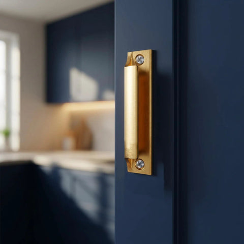 Two Piece Aluminum Alloy Drawer Pull Handles 3.5 Inch Low Profile Sash Lift Finger Pulls For Kitchen Cabinets And Dressers, Rust Proof Gold Finish With Screws Included, Durable Hardware installed on a cabinet door.