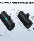Compact USB C Power Bank With Built In USB C Connector 5000mAh PD Fast Charging Battery Pack Travel Essential displayed with dimensions.