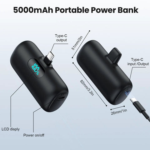 Compact USB C Power Bank With Built In USB C Connector 5000mAh PD Fast Charging Battery Pack Travel Essential displayed with dimensions.