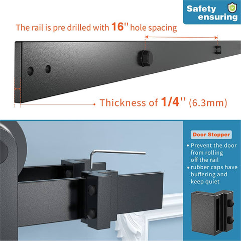 10 Foot Double Track Bypass Sliding Barn Door Hardware Kit For Two Doors With I Shape Hangers showing rail and door stopper details